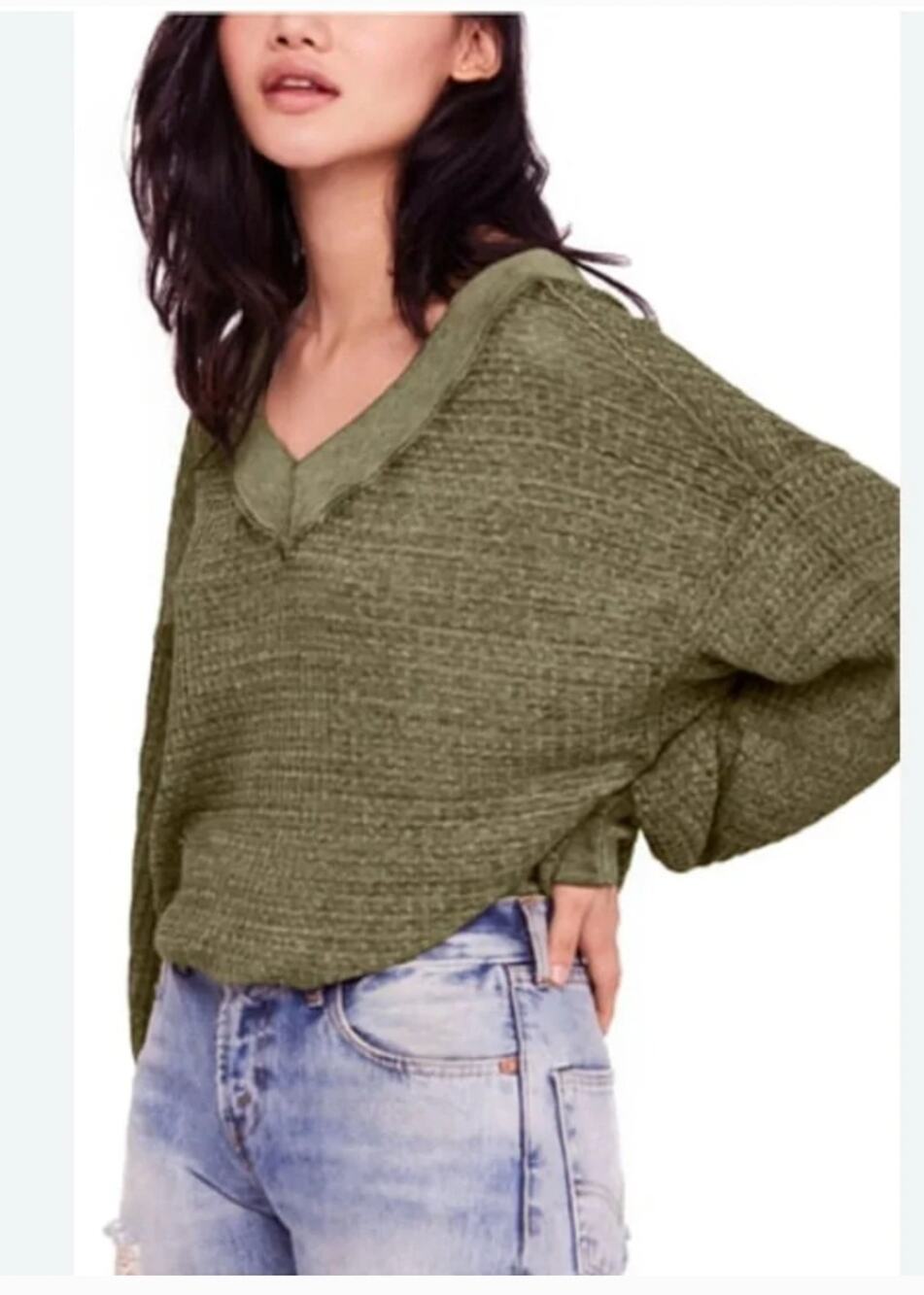 Free People We The Free South Side Thermal Top waffle moss olive green sz L
